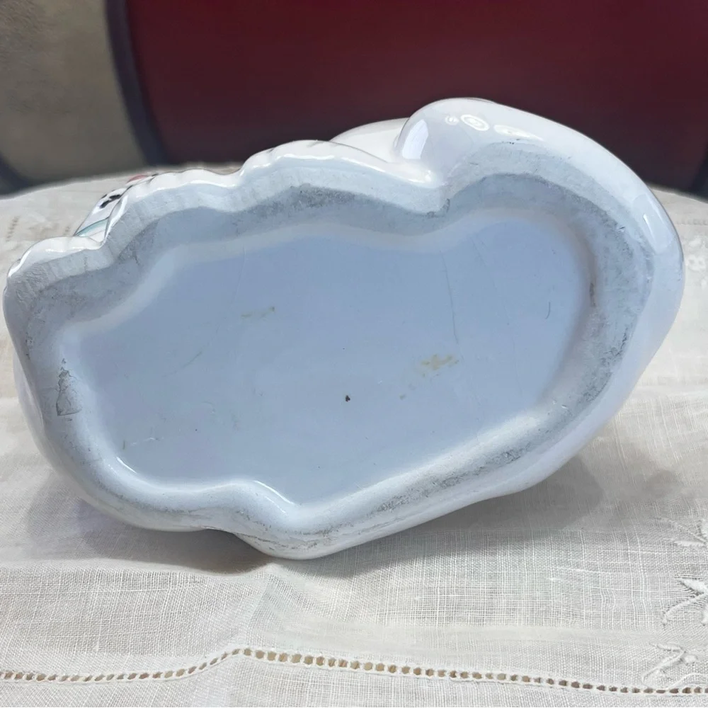 White Ceramic Cat-Shaped Planter with a Blue Scarf Adorned with Fish.